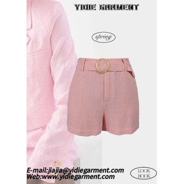 Roze roze met dames met hoge taille linnen geplooide shorts