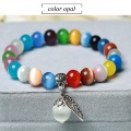 Natural Gemstone Beaded Stretch Bracelet cat eye stone 8mm Round Beads Chakra leaf tassel Crystal Healing Jewelry for Women Men