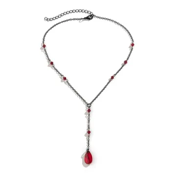 Steampunk Red Crystal Pendant Necklace with Gothic Tassel Earrings
