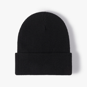 Plain Knit Ribbed Acrylic Beanie Cap - Warm Double Fold Winter Hat for Men and Women