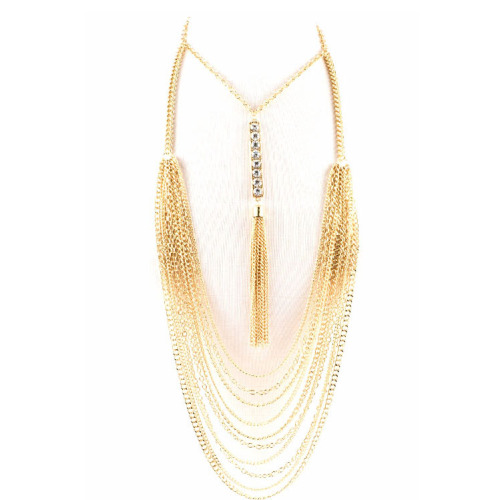 Multi Chain Drop Layered Crystal Drop with Tassel Necklace