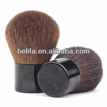 mini make up kabuki brush with brown nylon hair and black ferrule