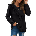 Women Long Sleeve Ruffle Crewneck Tops