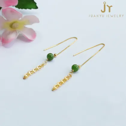 Phoenix Tail Precious Stone Jade & Sterling Silver Jasper Earrings: A Blend of Hetian Jade and Jasper Stones in Drop Earring Design