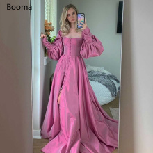 Booma Elegant Pink Prom Dresses Bishop Sleeves High Slit Taffeta Evening Dresses Sweetheart A-line Long Party Gowns with Buttons
