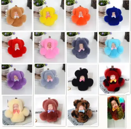 New sleeping baby keychain Real Fur Pom Pom Key Chain Women Trinket Car Key Ring Keychain Jewelry Gift fluffy keychain on bag