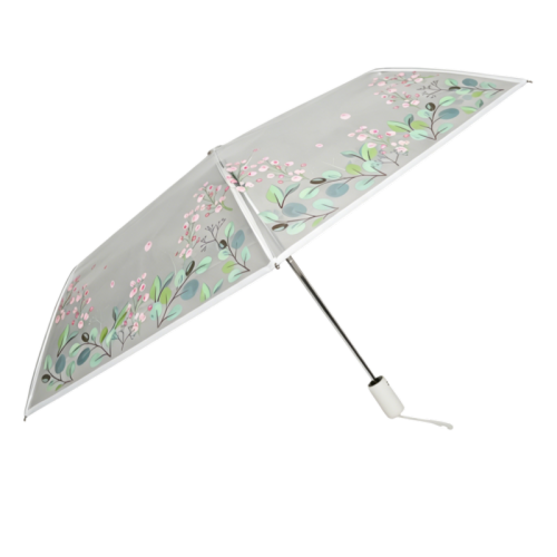 Paraguas plegable transparente con flor de hoja dibujada a mano