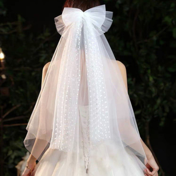 Simple White Dot Soft Tulle 2T Short Wedding Veil with Big Bowtie