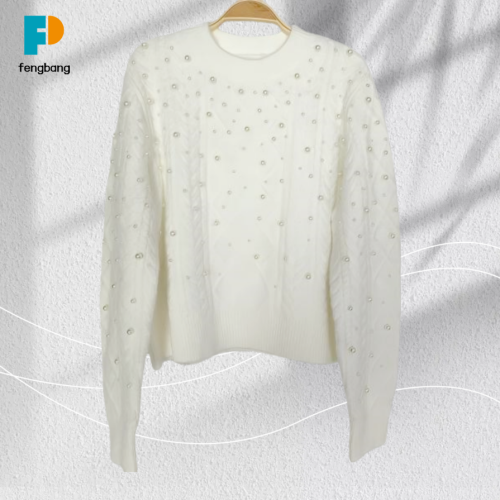 Boncuklu Nakışlı Süt Beyaz Triko Kazak