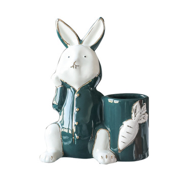Cute Ceramic Bunny Pen Holder & Porcelain Rabbit Flower Vases for Home Decoration