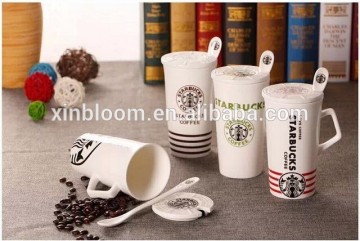 hot-selling 400ml starbuck ceramic mug with cover spoon and rhombus handle