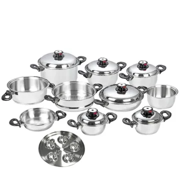 Surgical Stainless Steel 304 Cookware Set - 22pc Waterless Greaseless Pot and Pan Set with Wide Rolled Edges