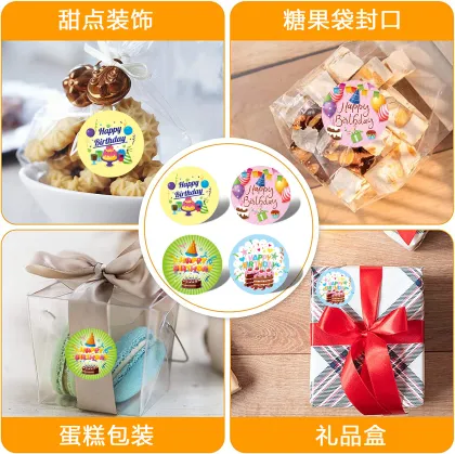 Round Happy Birthday Stickers - Self-Adhesive Vinyl Gift Envelope Decorations