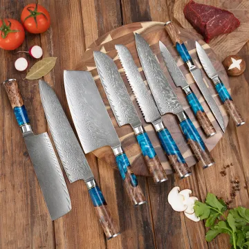 Resin Handle Damascus Steel Japanese Knife Set: Nakiri, Santoku, and Cleaver in Gift Box