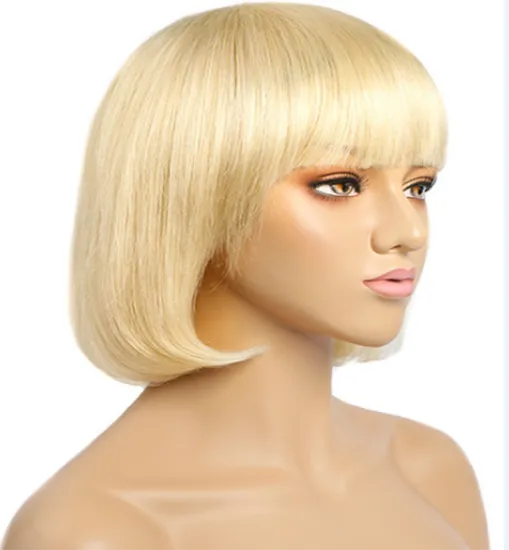 Megalook 8-14 Inch No Lace Human Hair Wigs With Front Fringe Bangs,Brazilian Virgin Short Bob Hair Wig For Black Women.