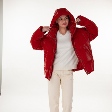 Red hooded normal down jacket