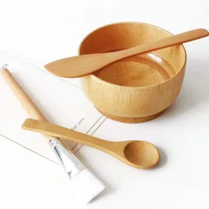 Bamboo Facial Tool Kits-Bowl,Spatula,Brush,Spoon