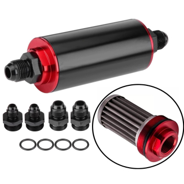 AUSO Universal Car Racing Black & Red 60 Micron In-Line Fuel Filter with AN6, AN8, AN10 Fittings
