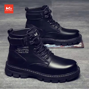 Men's New High Top Black Leather Boots - British Style Workwear & Motorcycle Casual Shoes