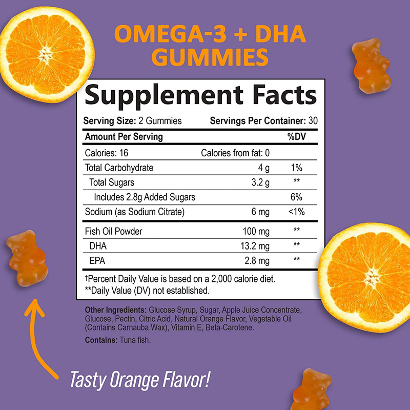 OEM/ODM Vegan Natural Flavor Brain Support Fish Oil Omega 3 Gummies with Vitamin