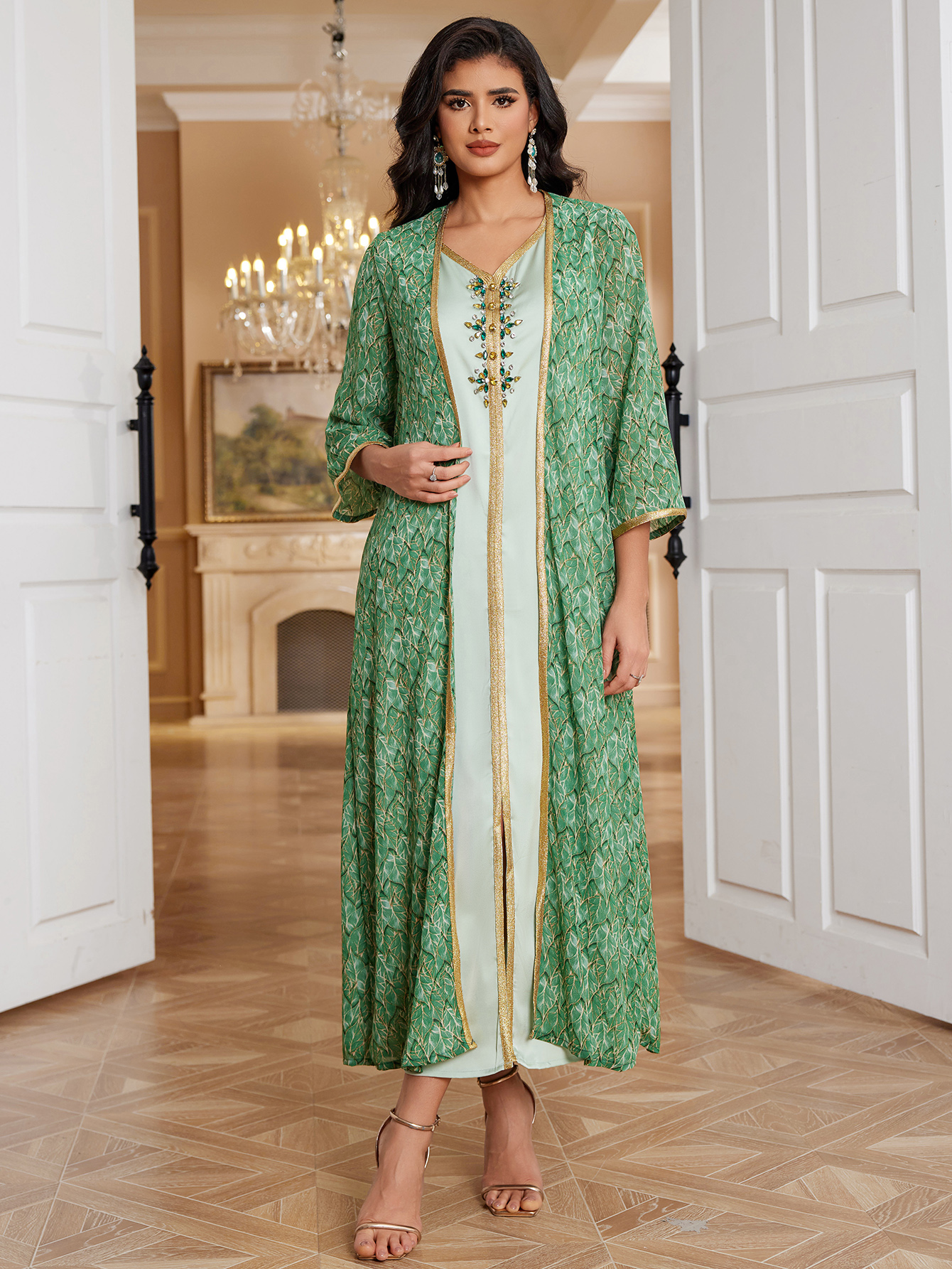 Green Hand-Beaded Two Piece Abaya Set (2)