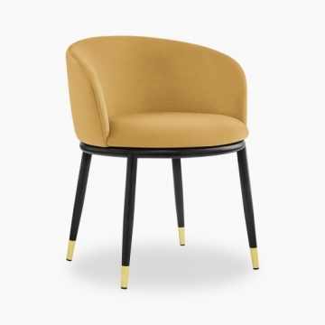 Theo Dining Chair: Mustard Velvet & Walnut With Gold Tips