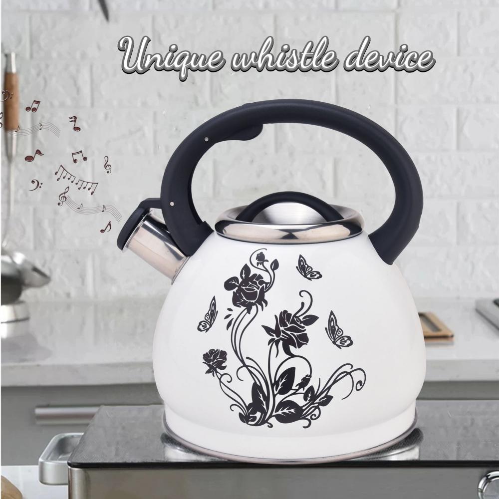 White Flower Pattern Stainless Steel Whistling Tea Kettle