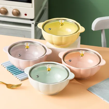 Ceramic Noodle Bowl with Glaze, Double Ears, Anti-Scalding, and Glass Lid