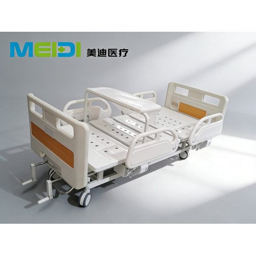 Punched Double Crank Hospital Bed with Four Small Side Rails & Flip-over Dining Table