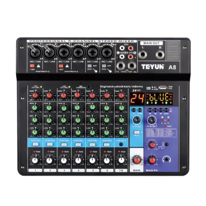 Professional 8-Channel DJ Audio Mixer for Record, Stream, and KTV Use: Model A8