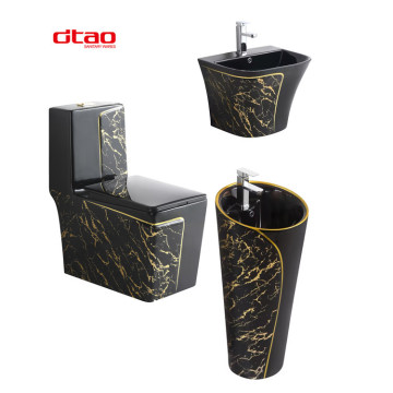Black Gold One Piece Toilet Bowl and Bathroom Sink Set - Hot Sale Porcelain Sanitary Ware