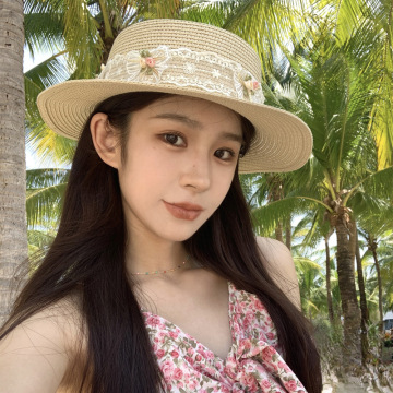 Women's French Lace Bow Tie Straw Hat for Spring/Summer - Big Eaves Sun Protection Flat Top Hat