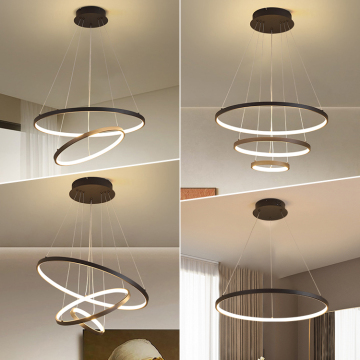 Luxury Art Decorative Aluminum Acrylic Black Round Ring LED Pendant Light for Hotel Sitting Room