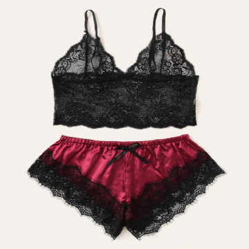 Sexy 2-Piece Pajama Set with Lace Vest and Satin Pants