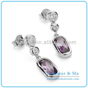 Costume Jewelry Earrings Prong Set Purple CZ Diamond Silver Plated Brass Earring