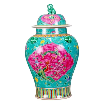 Hand-Painted Phoenix and Lion Head Ceramic Vase