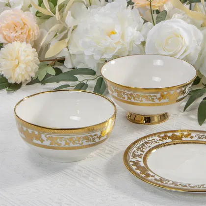 Luxury Wholesale Ceramic Tableware: 56pc Set Bone China Gold Wedding Dinnerware Plates