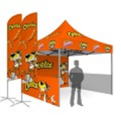 Trade Show Tent With Flags And Table Cloth