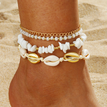 2024 Gepersonaliseerde mode Souvenir Gift Conch Touw Anklet Set met rijstkraal en gouden schaal voor vrouwen