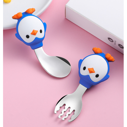 Aangepaste pinguïn peuters siliconen roestvrijstalen lepel vork