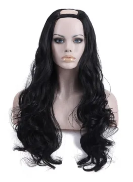 Hot-selling Synthetic Fiber Wigs 24" Long Black Waving Synthetic U Part Wig For Wig Making