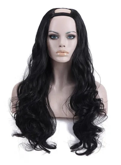 Hot-selling Synthetic Fiber Wigs 24" Long Black Waving Synthetic U Part Wig For Wig Making