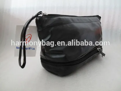 Men small black genuine leather pouch toiletry bag