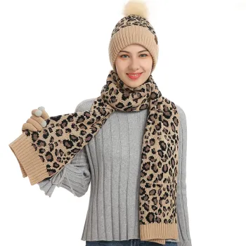 Autumn Winter Knitted Beanie Hat Sets for Women - Fashion Leopard Jacquard Warm Woolen Set with Scarf and Gloves