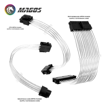 Computer PSU Extension Cable Kit: ATX 24 Pin / PCI-E GPU 8Pin / EPS CPU 4Pin Power Cord Adapter - Sleeved Silver-Plated