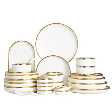 High End 26-Piece Ceramic Dinner Set with Gold Rim