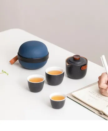 Japanese Mini Portable Tea Set with Filter - Black Gold Ceramic Travel Tea Cup Set