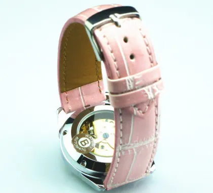 Pink Mechanical Ladies Automatic Watch Skeleton , Leather Wrist Watches