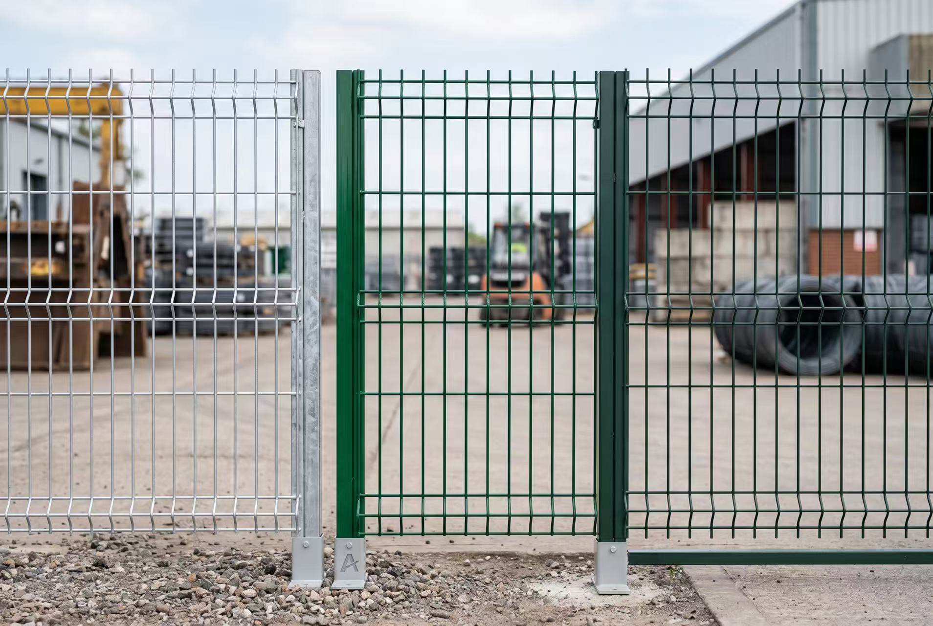 Three welded wire mesh fence panels side by side showing bare hot‑dip galvanized, green PVC coated, and dark green powder coated finishes in an outdoor industrial yard