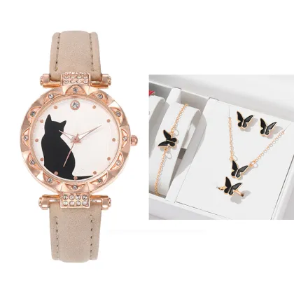 New Pop Female Fashion Watch Set: Simple Design, Kitten Theme Quartz Watch